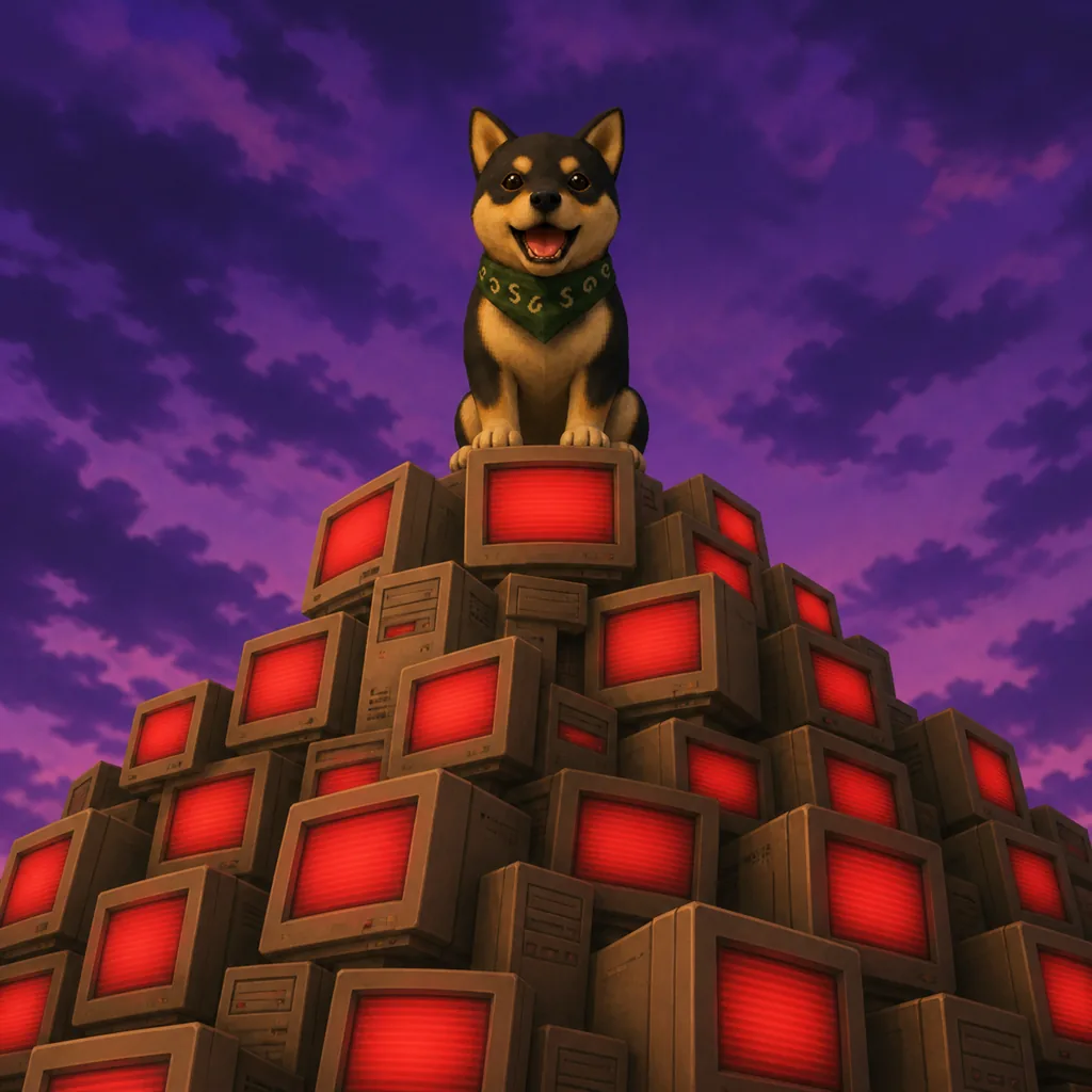 Dog sitting on top of a mountain of monitors glowing red